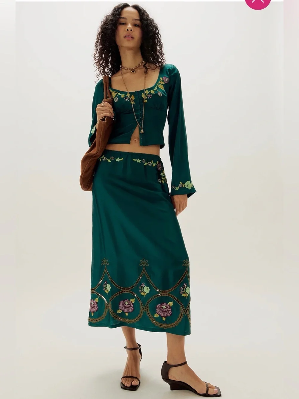 ✨🌲 Free People Autumn Bloom Midi Skirt Set XS Embroidered Forest Green 🌲✨